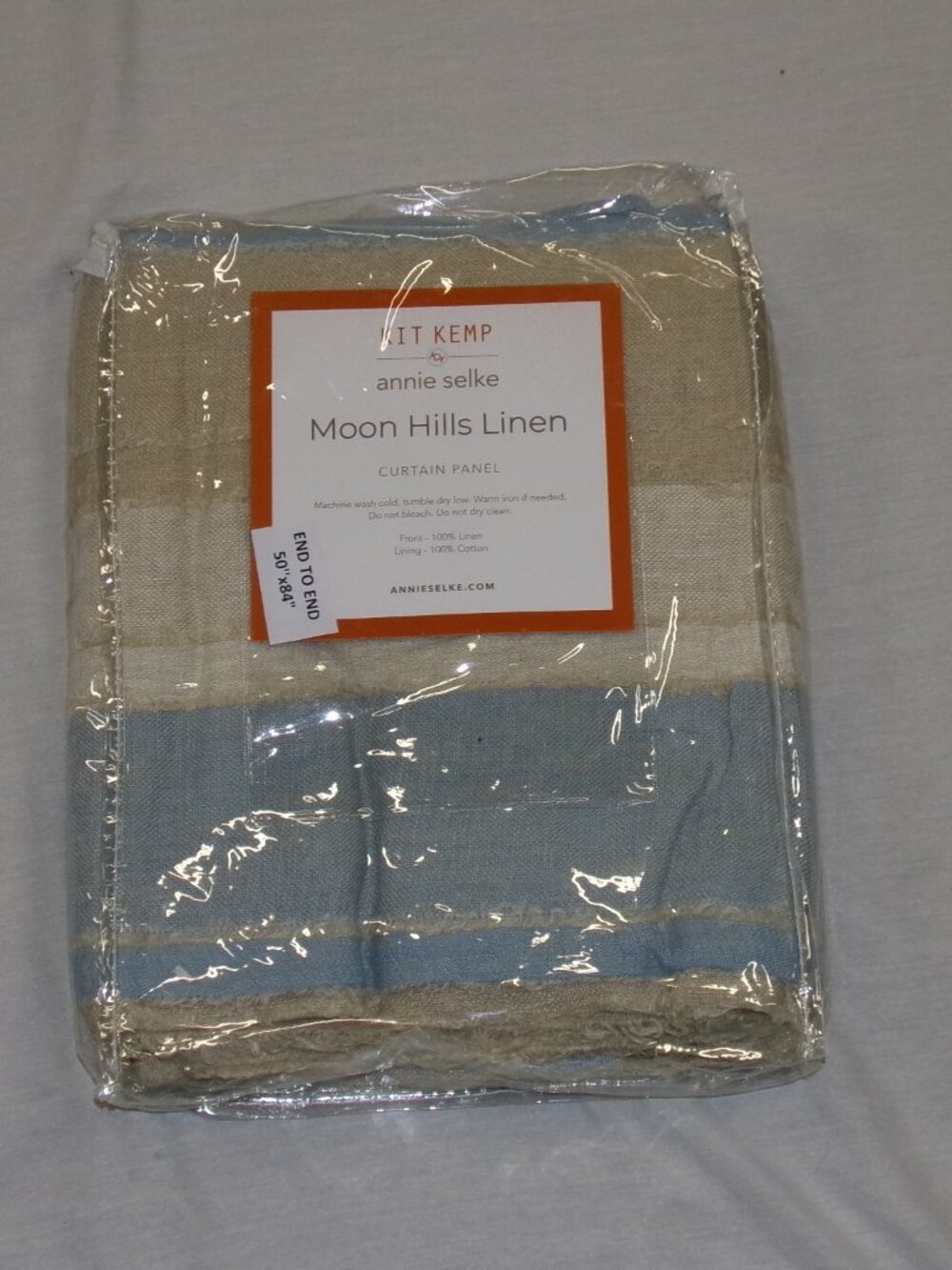 NEW Annie Selke KIT KEMP Moon Hills Linen Lapis Striped Curtain Panel 50" x 84"